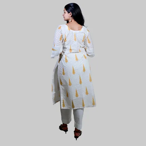 White with yellow hand block kurti